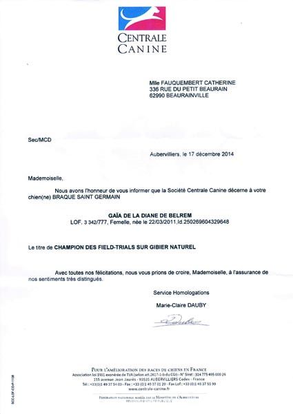 De la diane de belrem - C'est officiel : Gaïa championne sur gibier naturel !